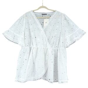 BLOOMCHIC‎ White Eyelet Wrap Peplum Top Short Sleeve V Neck Women Plus Size